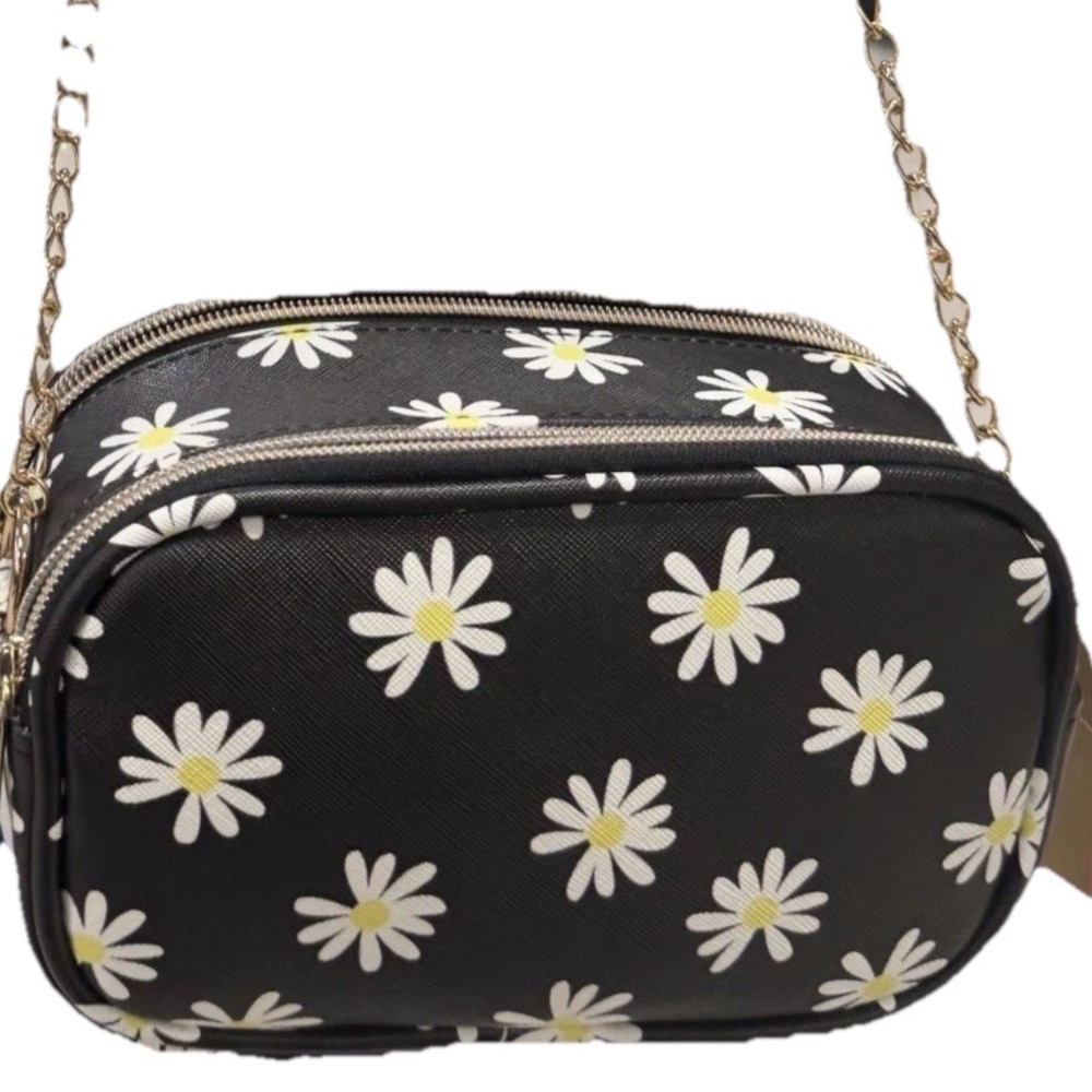Daisy Print Small Crossbody Bag Purse Black With White And Yellow Flowers